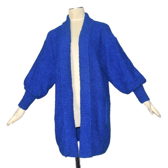 Vintage 80s Royal Blue Balloon Sleeves Cardigan Sweater Open Front Pockets M - Picture 3 of 10